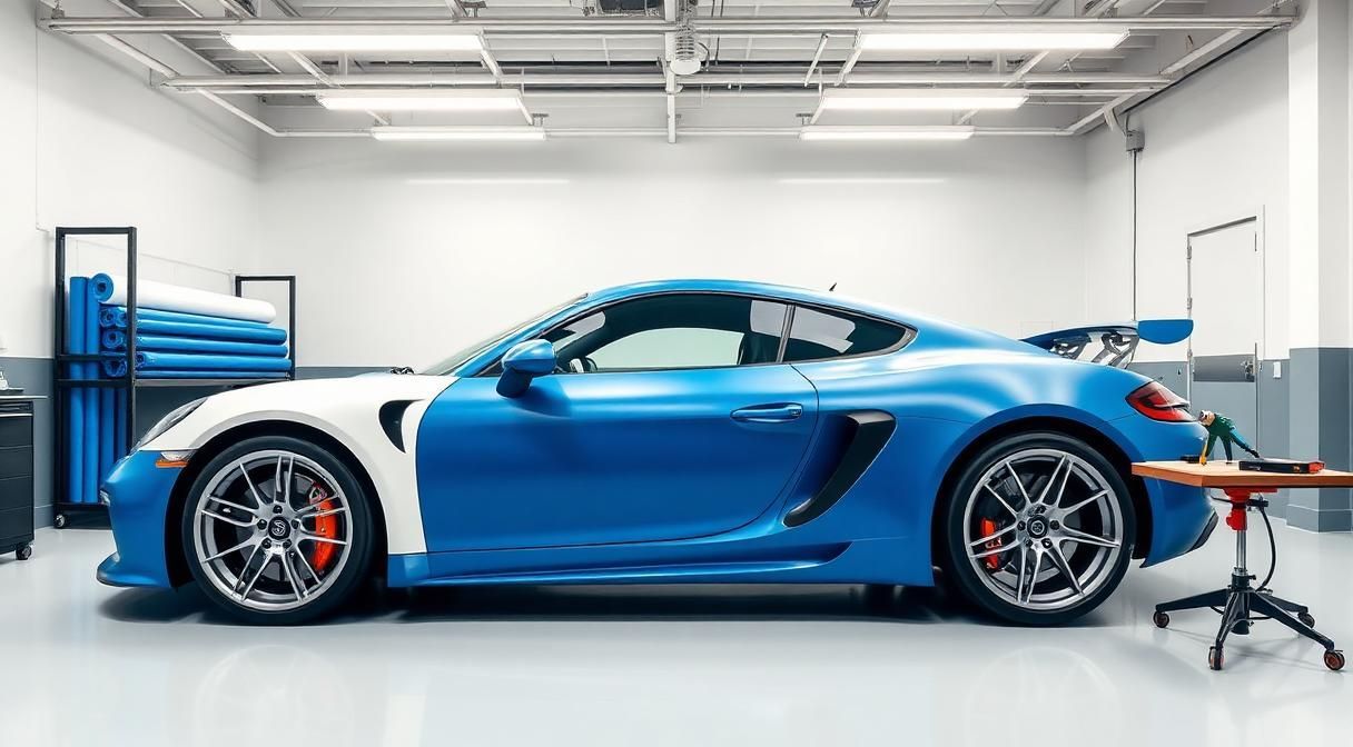 Estudio de car wrapping profesional con coche deportivo a medio vinilar en azul y rollos de vinilo