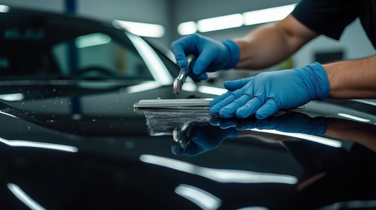 Instalación profesional de PPF paint protection film en capó de coche de lujo negro