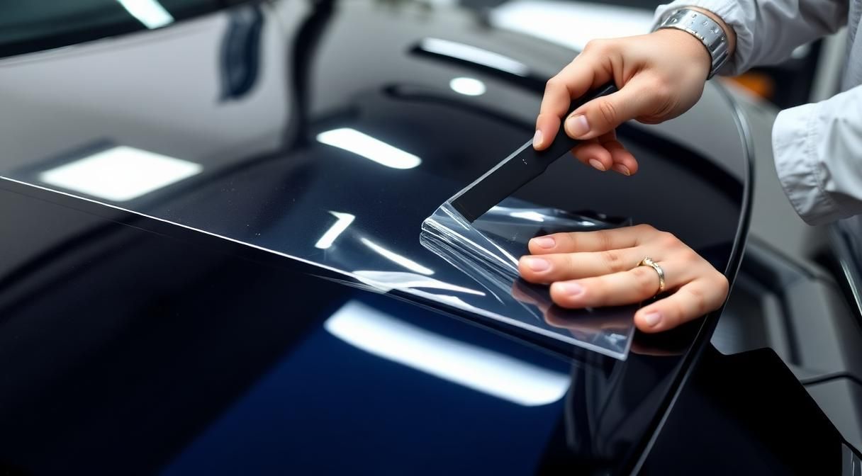 Instalación profesional de PPF paint protection film en capó de vehículo de lujo