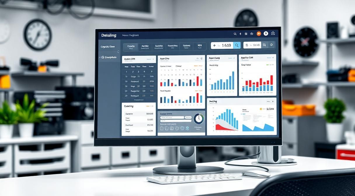 Pantalla de ordenador con dashboard de gestión de taller de detailing mostrando citas y facturación