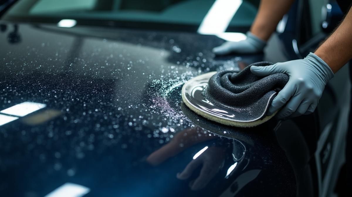 Aplicación de tratamiento cerámico ceramic coating con efecto hidrofóbico sobre carrocería oscura