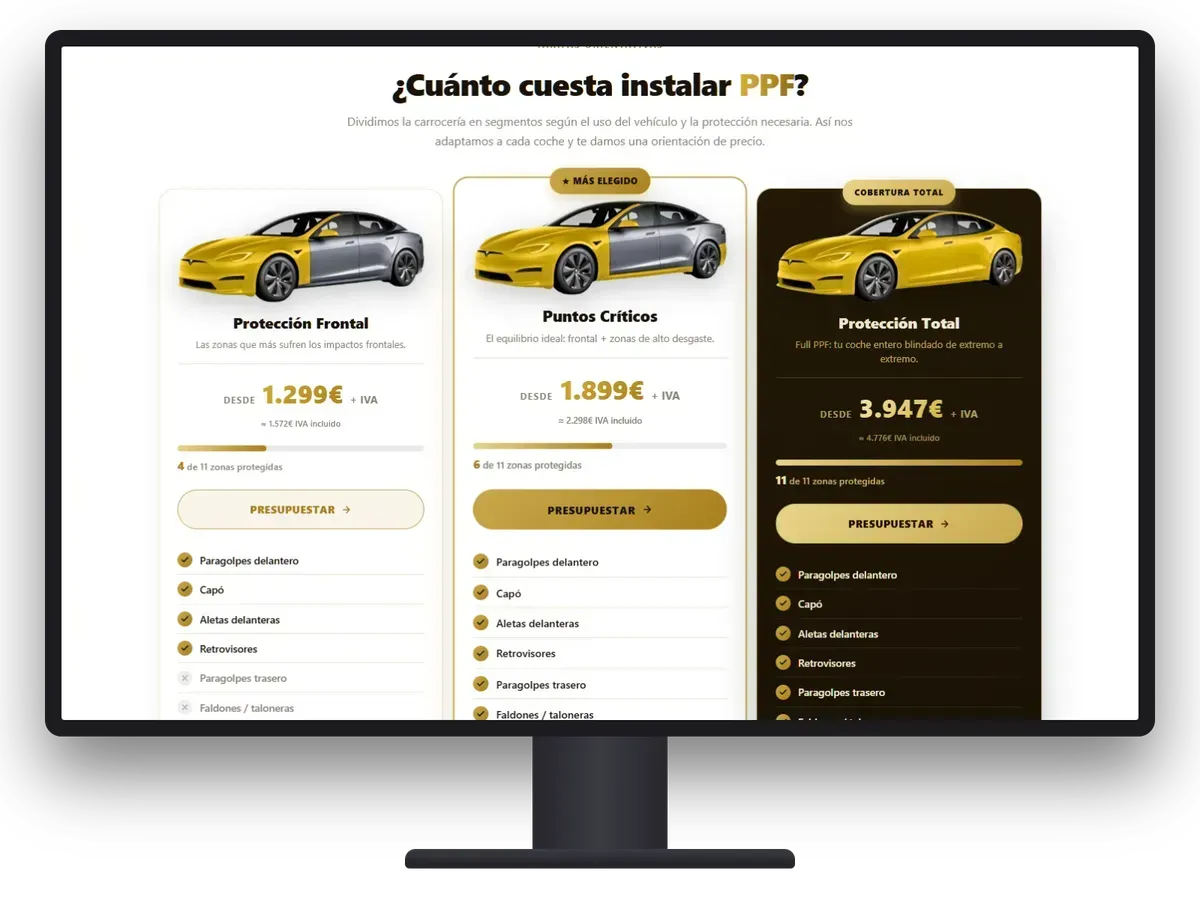 Sección de packs de PPF de detailpark.com con tres opciones y precio orientativo, en un monitor