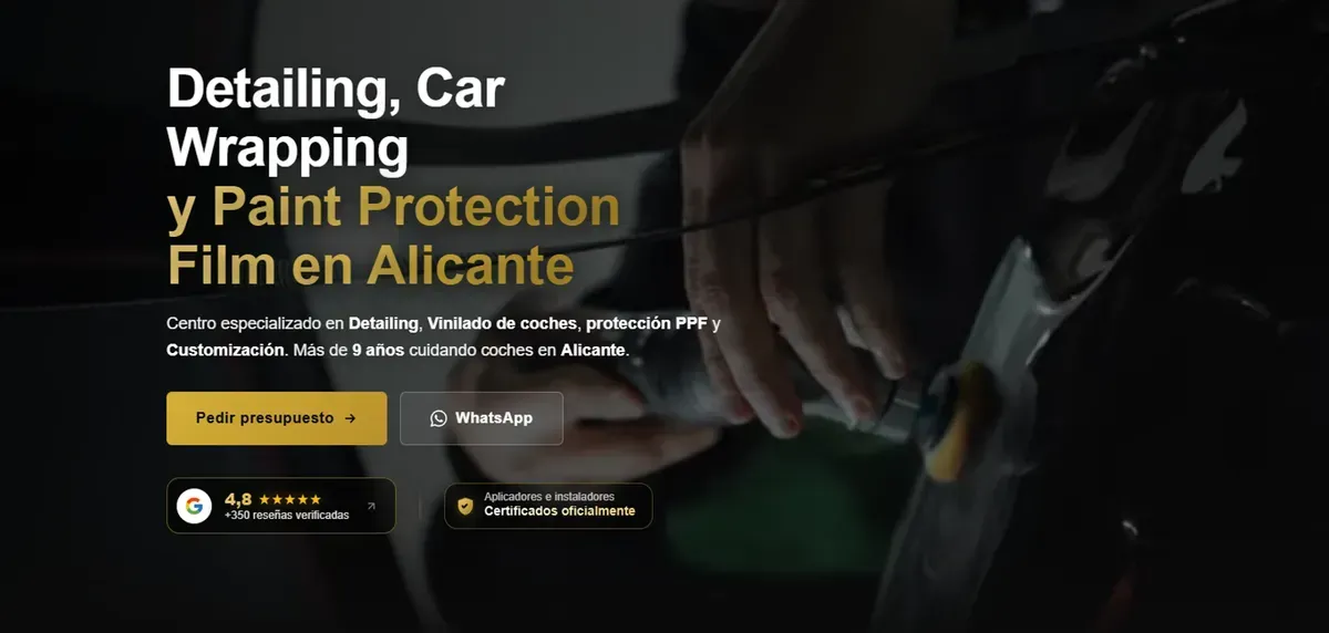 Portada de detailpark.com con titular grande, botones de presupuesto y WhatsApp y valoración de Google